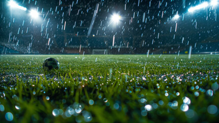 A soccer field is wet and the ball is on the ground