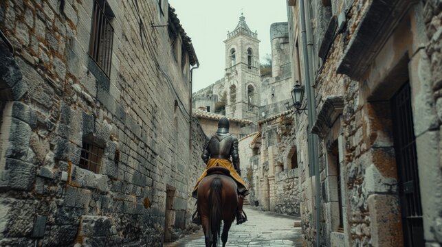 Knight riding a horse an old medieval city street.generated AI.