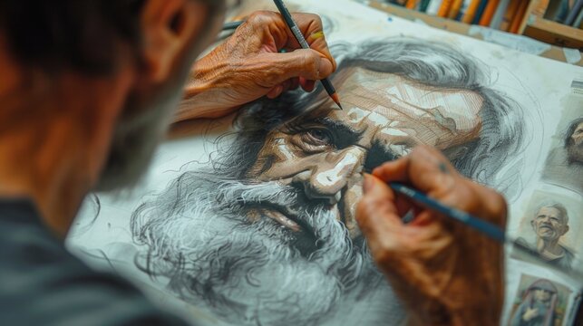 Artist painting a portrait of Saint Joseph, focusing on detailed facial expressions and symbolic attributes