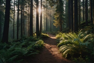 Peaceful view of sunbeams filtering through the trees in a forest. Path towards forest
