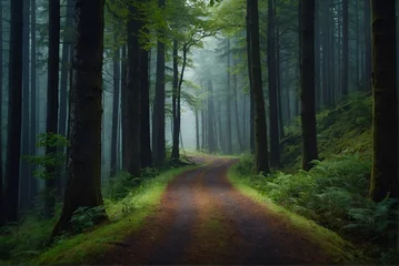 Foto op Plexiglas Peaceful forest scene with a misty atmosphere. Path through a misty forest  © Asfand