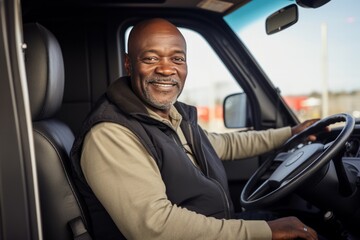 Black man working as a truck driver smiling sitting in the cab of the truck during a break in his travel route, copy space right. Truck drivers and road work. - obrazy, fototapety, plakaty