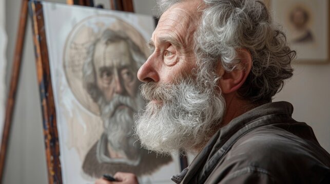 Artist painting a portrait of Saint Joseph, focusing on detailed facial expressions and symbolic attributes