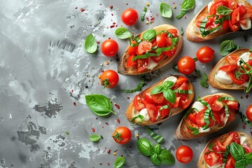 Bruschetta with tomatoes, mozzarella cheese and basil on a cutting board.