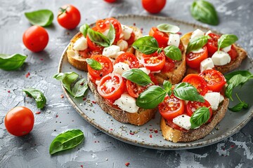 Bruschetta with tomatoes, mozzarella cheese and basil on a cutting board. - 763611315