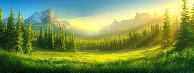 Selbstklebende Fototapeten Spruce trees forest summer background against the backdrop of a mountain range in the morning golden hour with sun rays, panorama of wildlife forest in the Green Valley with blue sky © JovialFox