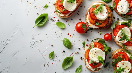 Bruschetta with tomatoes, mozzarella cheese and basil on a cutting board.