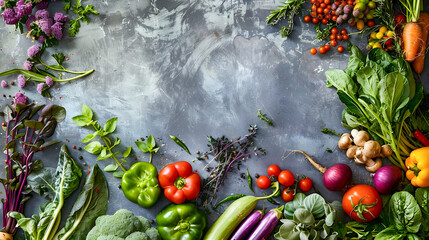 Assortment of Fresh Vegetables and Fruits on a Dark Table