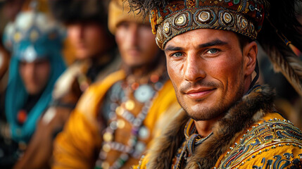 Kazakhs young men wearing national costume during on traditional horse gallop ceremony