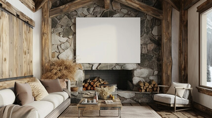 Rustic living room charm with a stone fireplace, wooden beams, and a blank wall mockup for rustic wall art. 3D rendering.