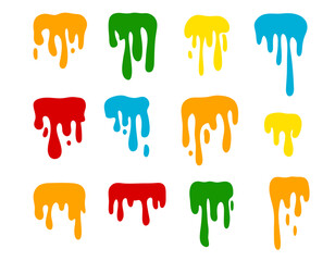 Paint color spots. Splashes set for use in design. Colorful grunge shapes collection. Dirty spots and silhouettes. Colored ink splashes. Slime forms