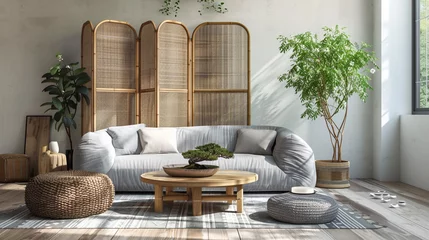 Fotobehang Serene boho living area with gray sofa, wooden coffee table with a bonsai tree, floor poufs, and a bamboo room divider. © Guro
