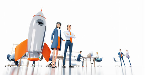 Business people and rocket, blur of working people at the background with copy space at white, 3d rendering