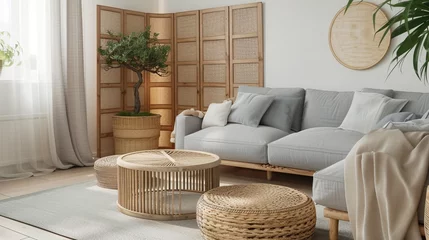 Rolgordijnen Serene boho living area with gray sofa, wooden coffee table with a bonsai tree, floor poufs, and a bamboo room divider. © Guro
