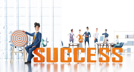 Successful businessman sits next to aim, Blur of working people at the background. Career, growth, success, achievement concept  3D rendering