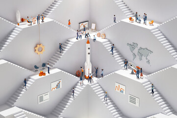 Teamwork around big rocket 3D rendering.  Business people working together in an abstract environment with stairs and multiple floor levels. 