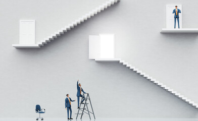 Businessman trying to find way to success. Abstract business environment with stairs and doors. Success concept, 3D rendering	

