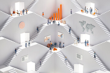 Growth in business. Business people working together in an abstract environment concept with stairs next to chairs and graphs, representing career, growth, success, achievement. 3D rendering