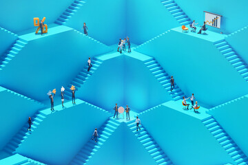 Teamwork, success and opportunity concept 3D rendering.  Business people working together in an abstract environment with stairs and multiple floor levels. 