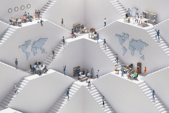  Business people working together in an abstract environment with stairs and multiple floor levels. Teamwork, progress, opportunity and risks in business concept 3D rendering illustration 
