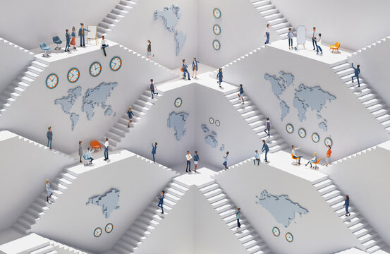  Business people working together for global company. Abstract environment with stairs and multiple floor levels and clocks are showing different time zones.  3D rendering illustration 