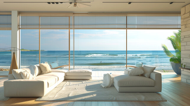Trendy living room with ocean view through opening blinds, sandy beige exterior. Crystal-clear HD image.