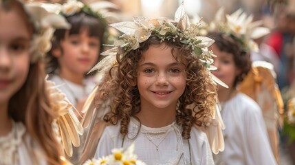 Children participating in a Saint Joseph's Day parade, dressed as angels and saints, carrying flowers and banners