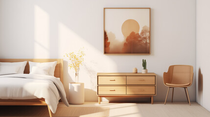Sunny Bedroom Interior with Wooden Furniture and Abstract Wall Art