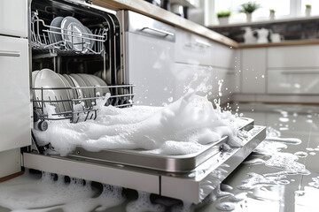 Broken dishwasher with lot of soap foam and water, repair service - obrazy, fototapety, plakaty