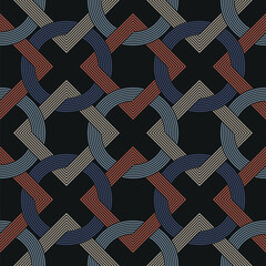 Seamless repeating pattern with red, blue, and beige interlocking squares and circles on a black background. Abstract geometric design in retro style. Vector illustration. 