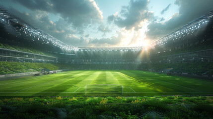 A soccer field with a large crowd of people watching - obrazy, fototapety, plakaty