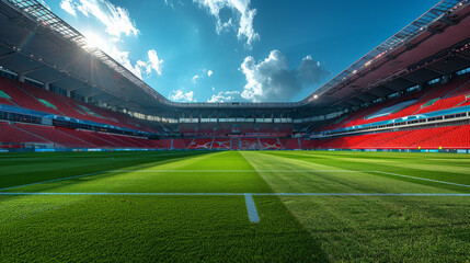 A large stadium with a bright blue sky and a few clouds - obrazy, fototapety, plakaty