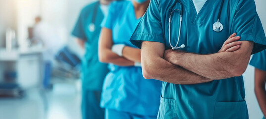 Fototapeta na wymiar A group of doctors stand in a hospital hallway, all wearing blue scrubs