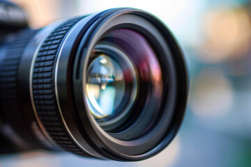 A camera lens is focused on a blurry object - obrazy, fototapety, plakaty