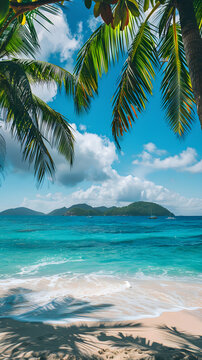Tropical Island Paradise: Serene Beaches, Azure Seas, and Lush Palm Trees Under the Mesmerizing Sky