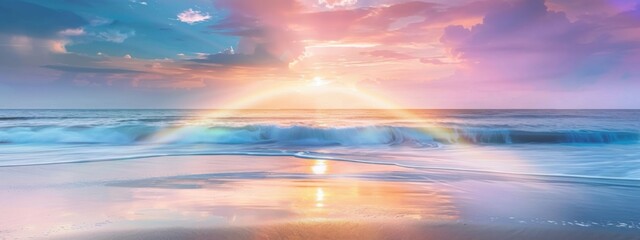 Landscape of beautiful dreamy clear blue and cloudy sky between at the beach with wave and rainbow, sunlight coming from behind the cloud as background and backdrop.  technology. - obrazy, fototapety, plakaty