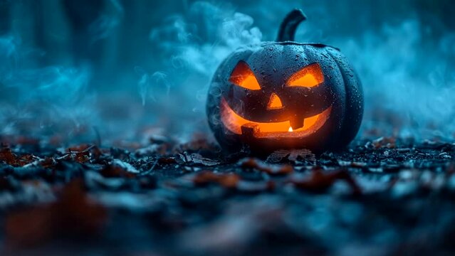 A jack-o'-lantern in the evening scenery. Smoke animation. Video loop.