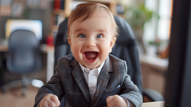 Cute toddler boy dressed as a business man sitting in office chair. cute business baby boy in suit working in office joyfully smiling, Generative Ai 