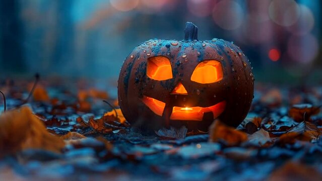 A jack-o'-lantern in the evening scenery. Smoke animation. Video loop.