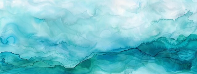 Calm water underwater blurry texture turquoise, blue, aqua background for copy space text. Sky clouds cartoon, ocean wave illustration for vacation beach travel. Watercolor wavy banner by Vita - obrazy, fototapety, plakaty