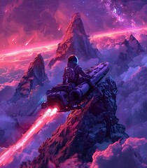 A vivid cosmic landscape featuring a space explorer riding a futuristic motorcycle on a distant planet