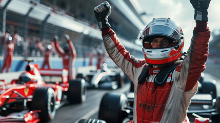 Formula one racing team driver cheering celebrating, Generative AI  - obrazy, fototapety, plakaty
