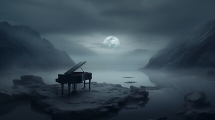 Piano with moon at night - obrazy, fototapety, plakaty