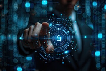 A businessman in a suit presses a security button on a glowing, futuristic virtual screen