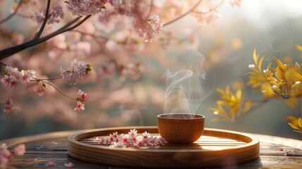 Steaming tea in a serene setting with cherry blossoms and gentle morning light - obrazy, fototapety, plakaty