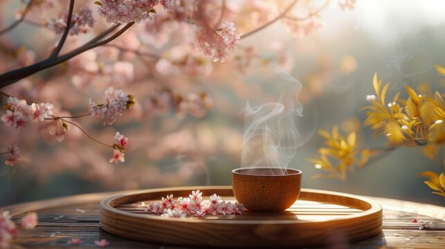 Steaming tea in a serene setting with cherry blossoms and gentle morning light