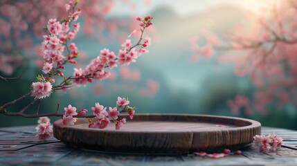Wooden plate surrounded by cherry blossoms on a serene spring morning