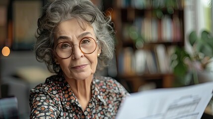Senior Woman Managing Finances: Calculating Budget with Eyeglasses and Paper Bills at Home
