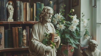 Cozy corner in a home office with a Saint Joseph figure, books about him, and a small plant, reflecting personal devotion