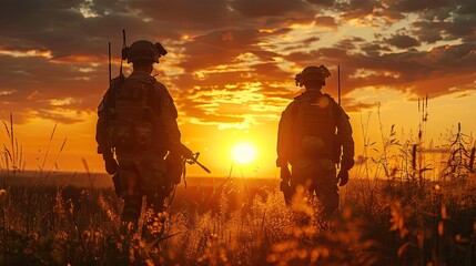 Sunset Vigilance: Two Elite Soldiers in Protective Gear Standing Guard Outdoors - obrazy, fototapety, plakaty